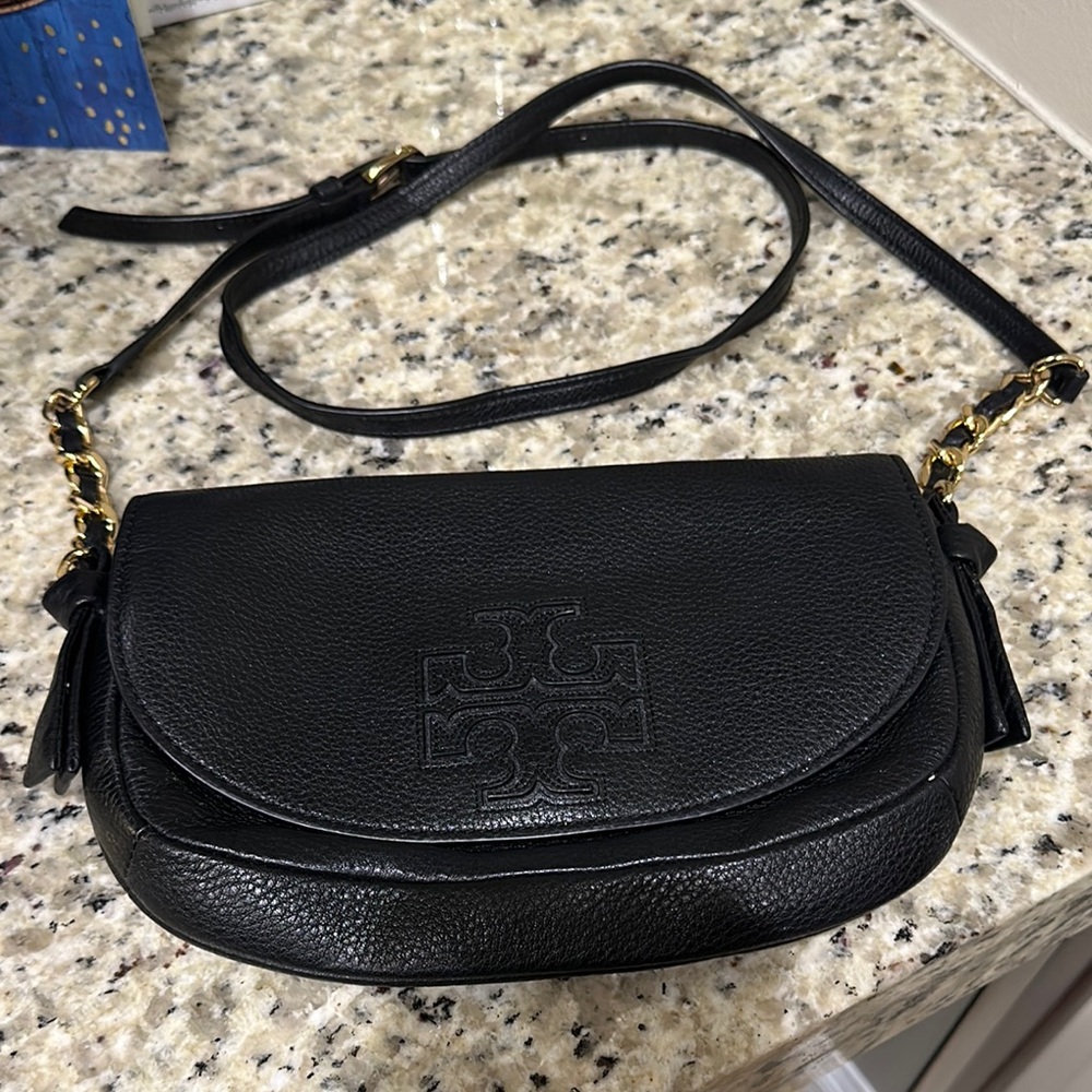 Tory Burch Black Leather Crossbody with Gold Chain